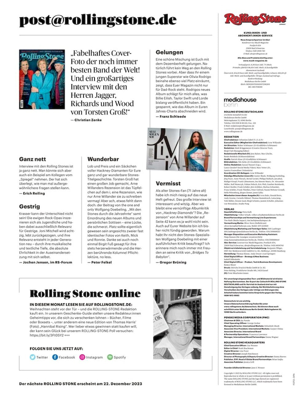 Rolling Stone Magasin Tyskland 2023-12 The Beatles REM Bar Italia Cat Power Red