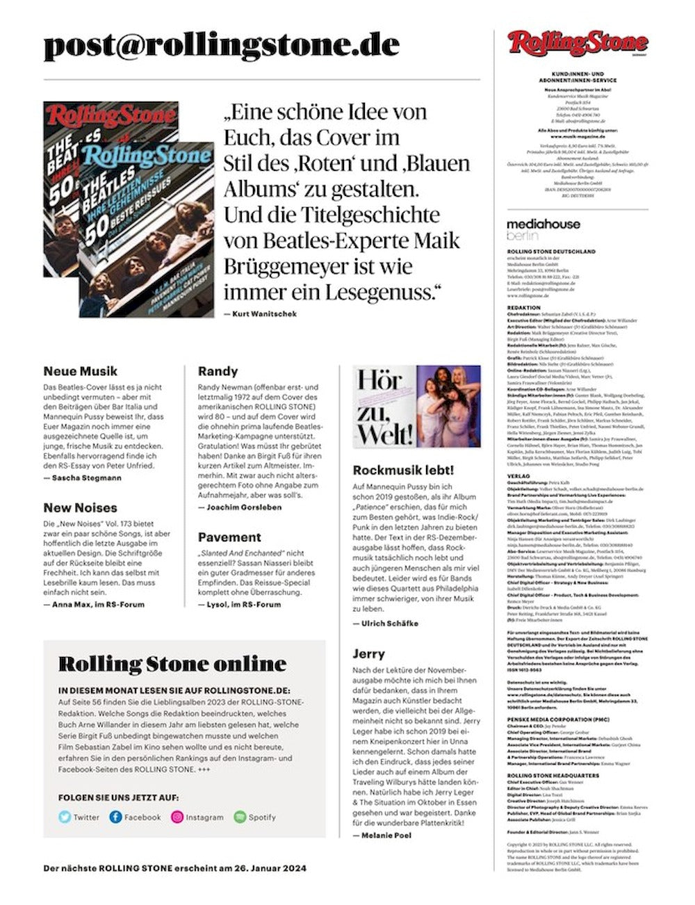 Rolling Stone Magasin Tyskland 2024-01 #351 Taylor Swift Beatles Joan Baez Britney Spears