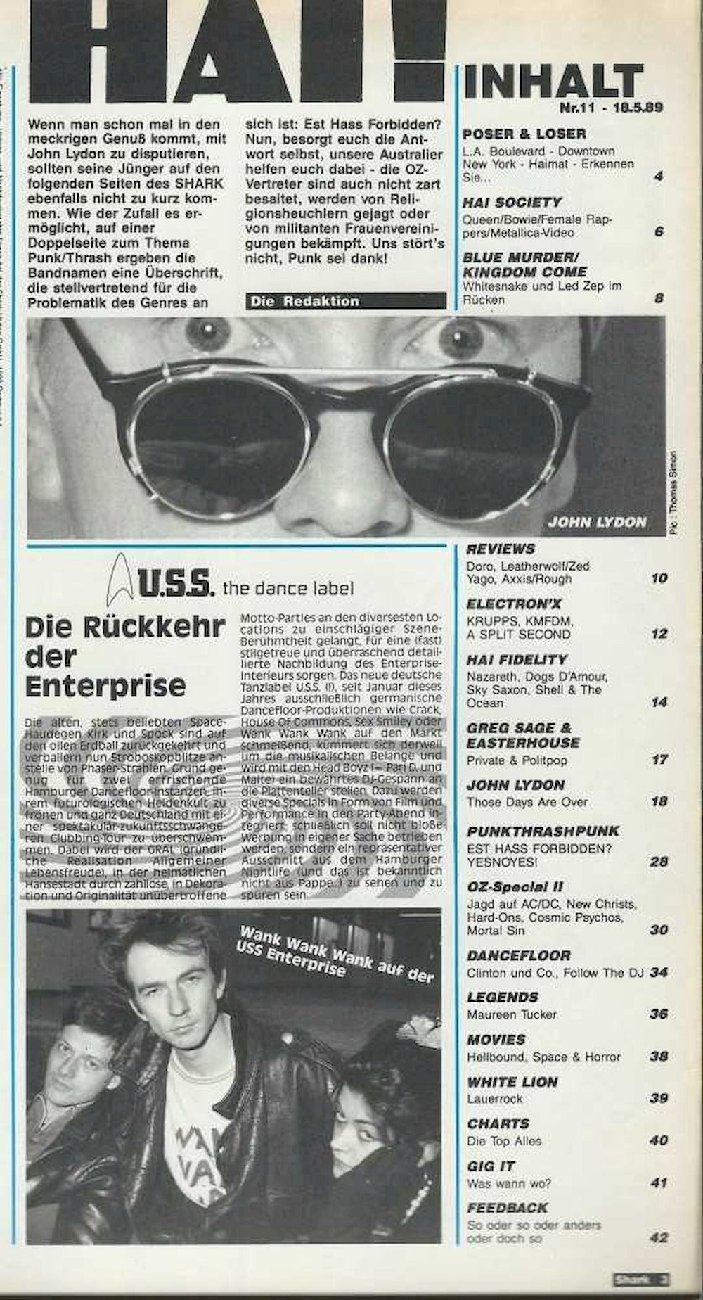 Shark Revista Alemanha 1989 #11 John Lydon INXS KMFDM Maureen Tucker Edição original