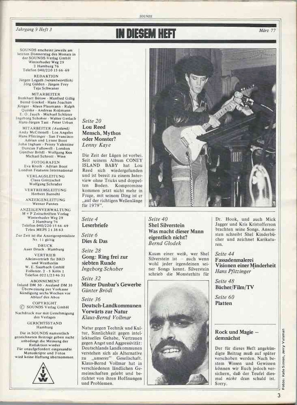 Sounds Tijdschrift Duitsland 1977-03 Lou Reed Eloy Kraftwerk Gong Shel Silverstein Originele uitgave