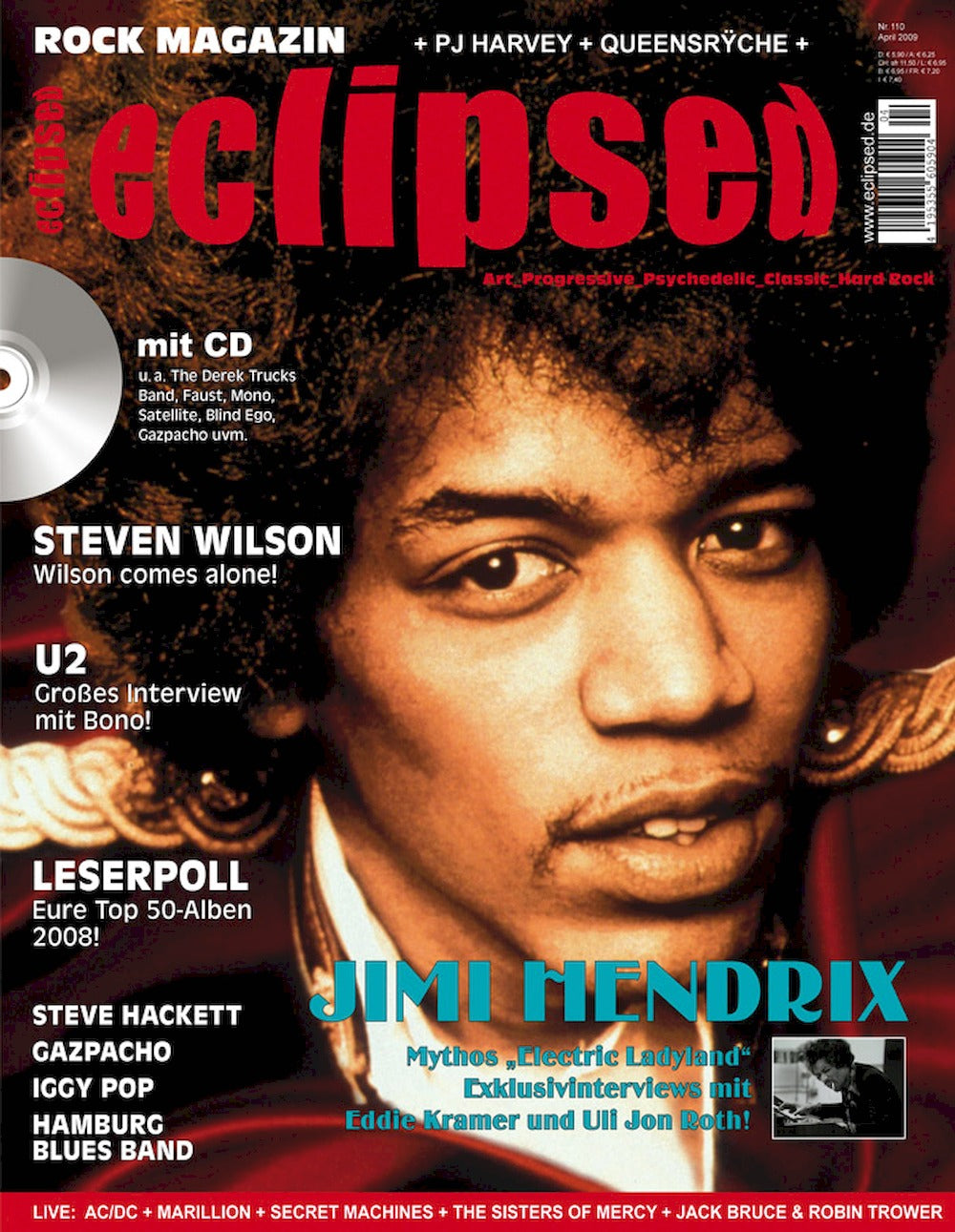 Eclipsed Lehti Saksa 2009 #110 Jimi Hendrix Queensryche Gazpacho PJ Harvey John Parish Alkuperäinen painos