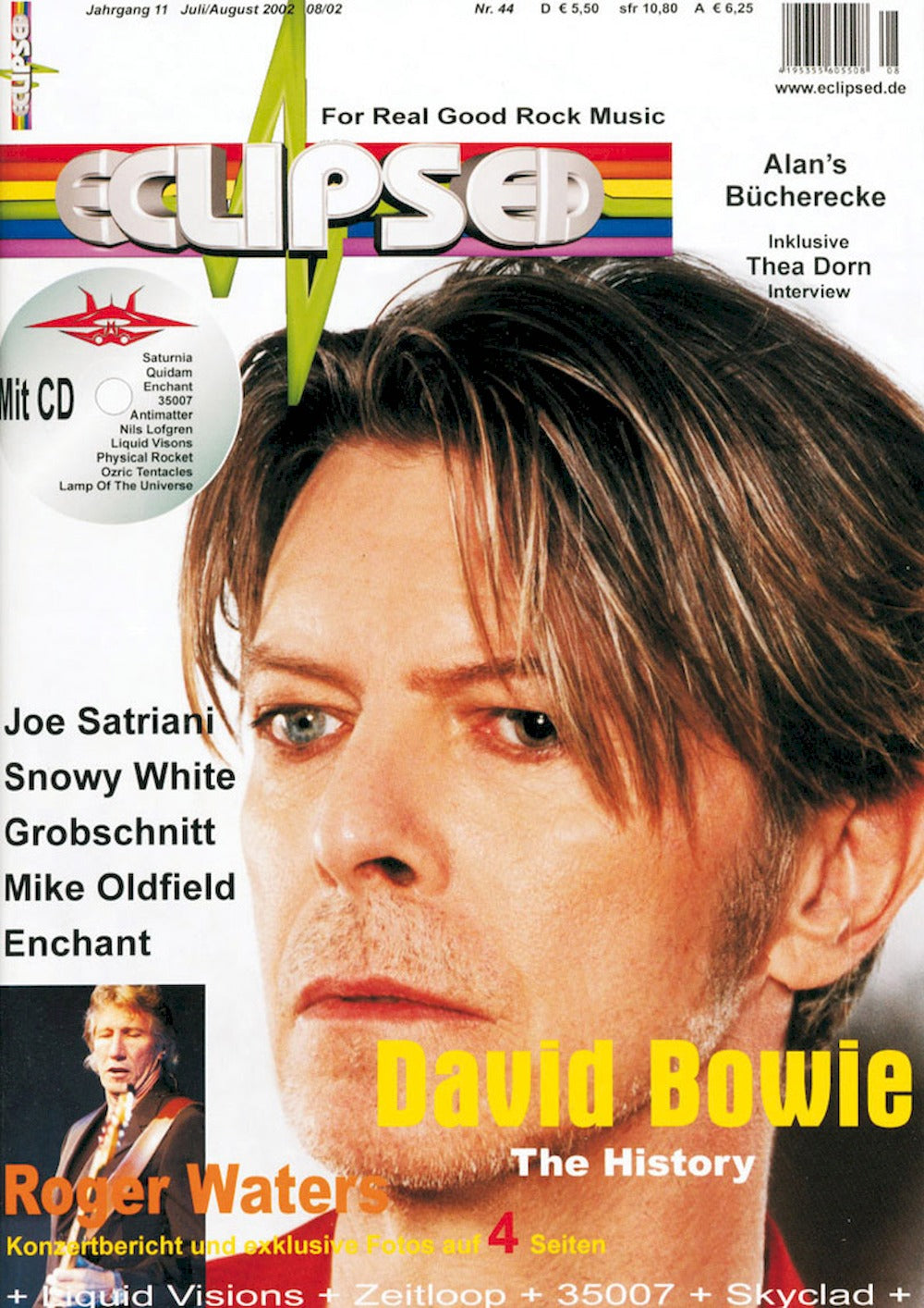Eclipsed Lehti Saksa 2002 #44 David Bowie Roger Waters Joe Satriani Snowy White Grobschnitt Alkuperäinen painos
