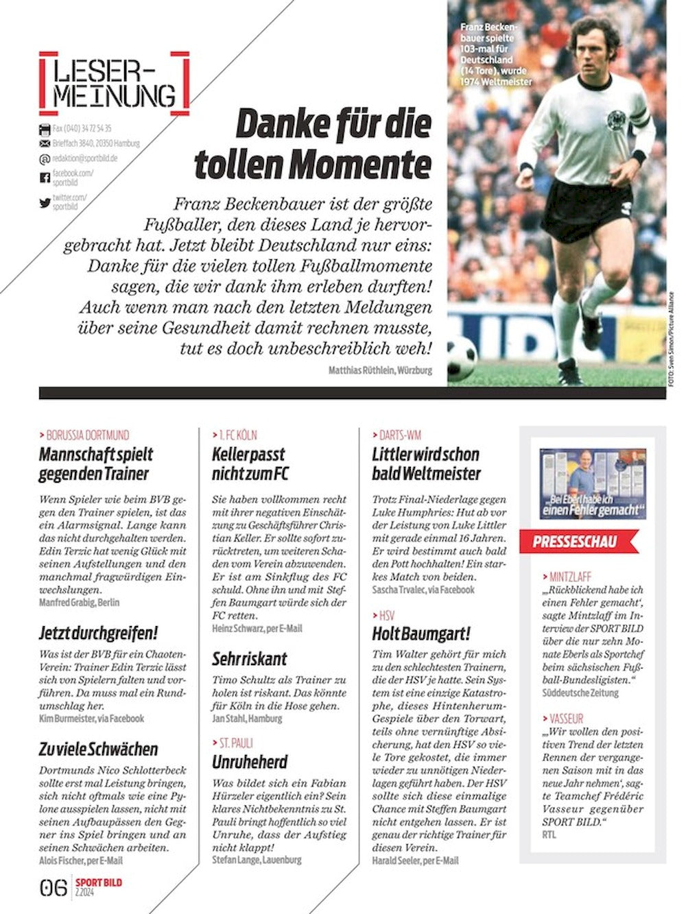 Sport Bild Magazine Germany 2024-02 Franz Beckenbauer Original Print Issue