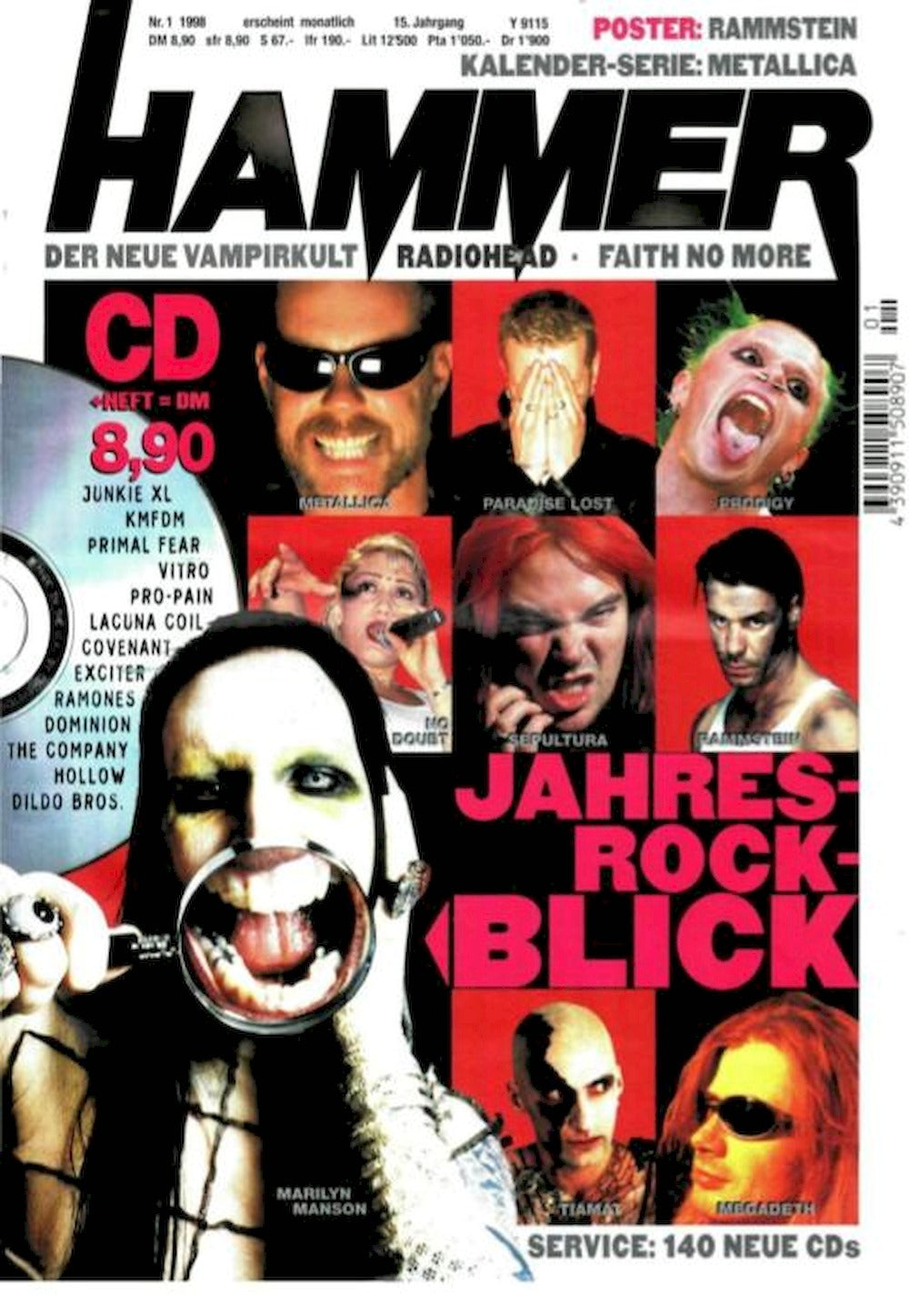 Metal Hammer Magazin Deutschland 1998-01 Marilyn Manson Megadeth Prodigy Lacuna Coil
