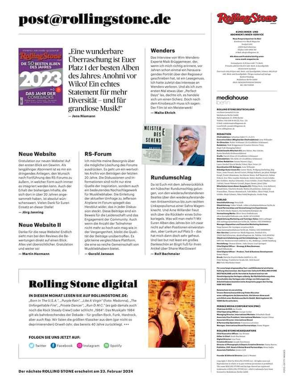 Rolling Stone Revista Alemania 2024-02 #352 Green Day Kiss The Last Dinner Party Bryan Adams