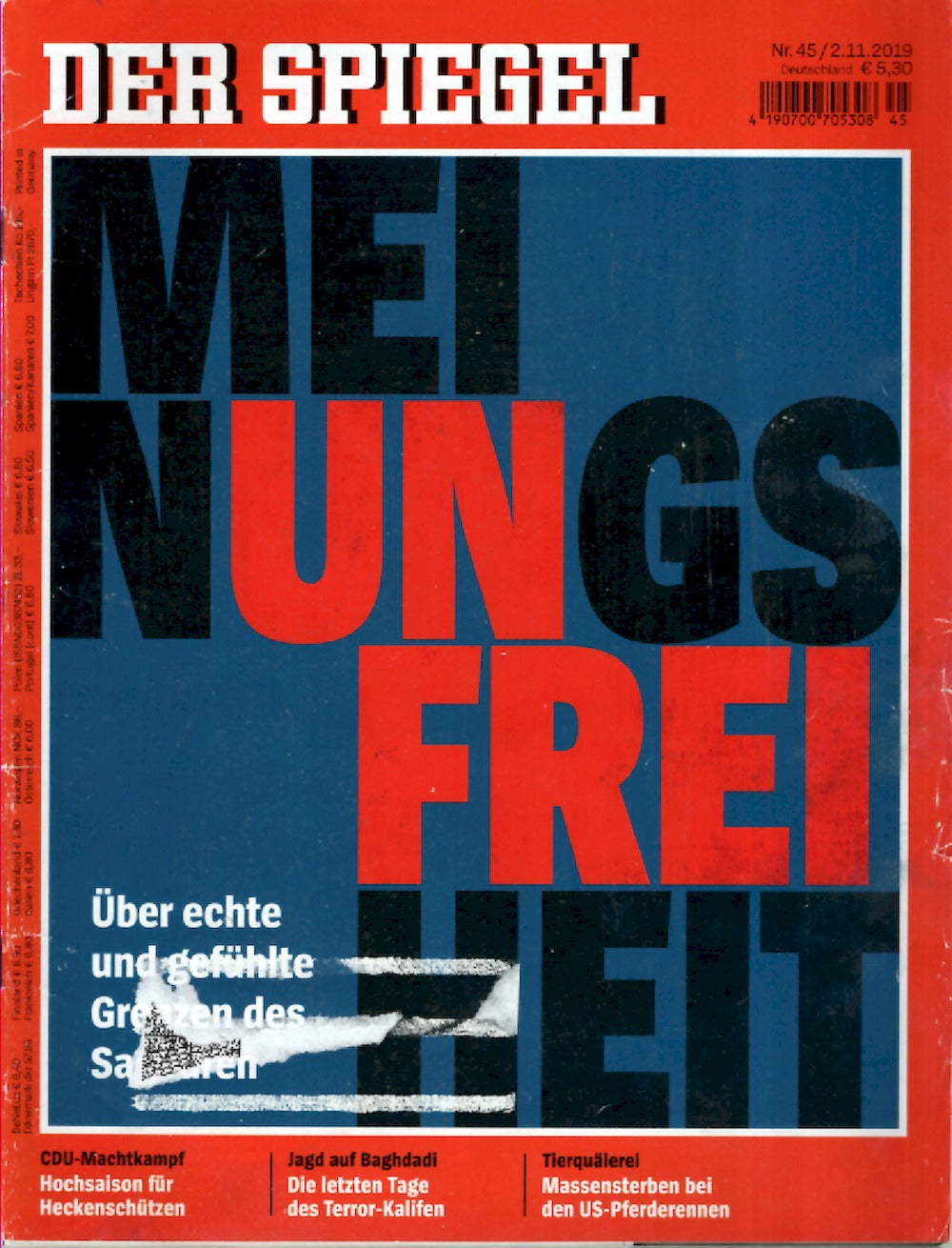 Der Spiegel Magazine Allemagne 2019-45 Westernhagen Emmerich Forsyth Allende ACCEPTABLE