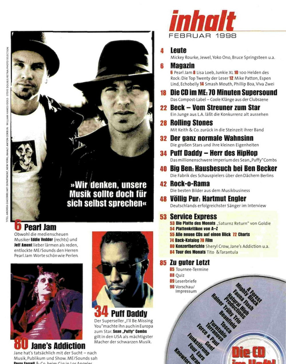 Musikexpress Magazin Deutschland 1998-02 Beck Pearl Jam Rolling Stones Puff Daddy