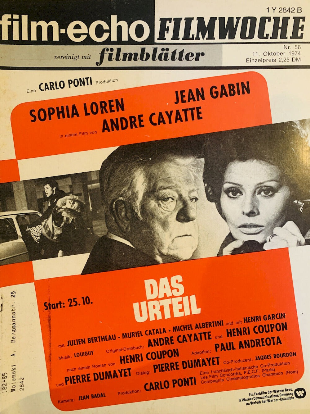Filmecho Filmwoche Magasin Tyskland 1974-56 Jean Gabin Sophia Loren Andre Cayatte Originalutgåva