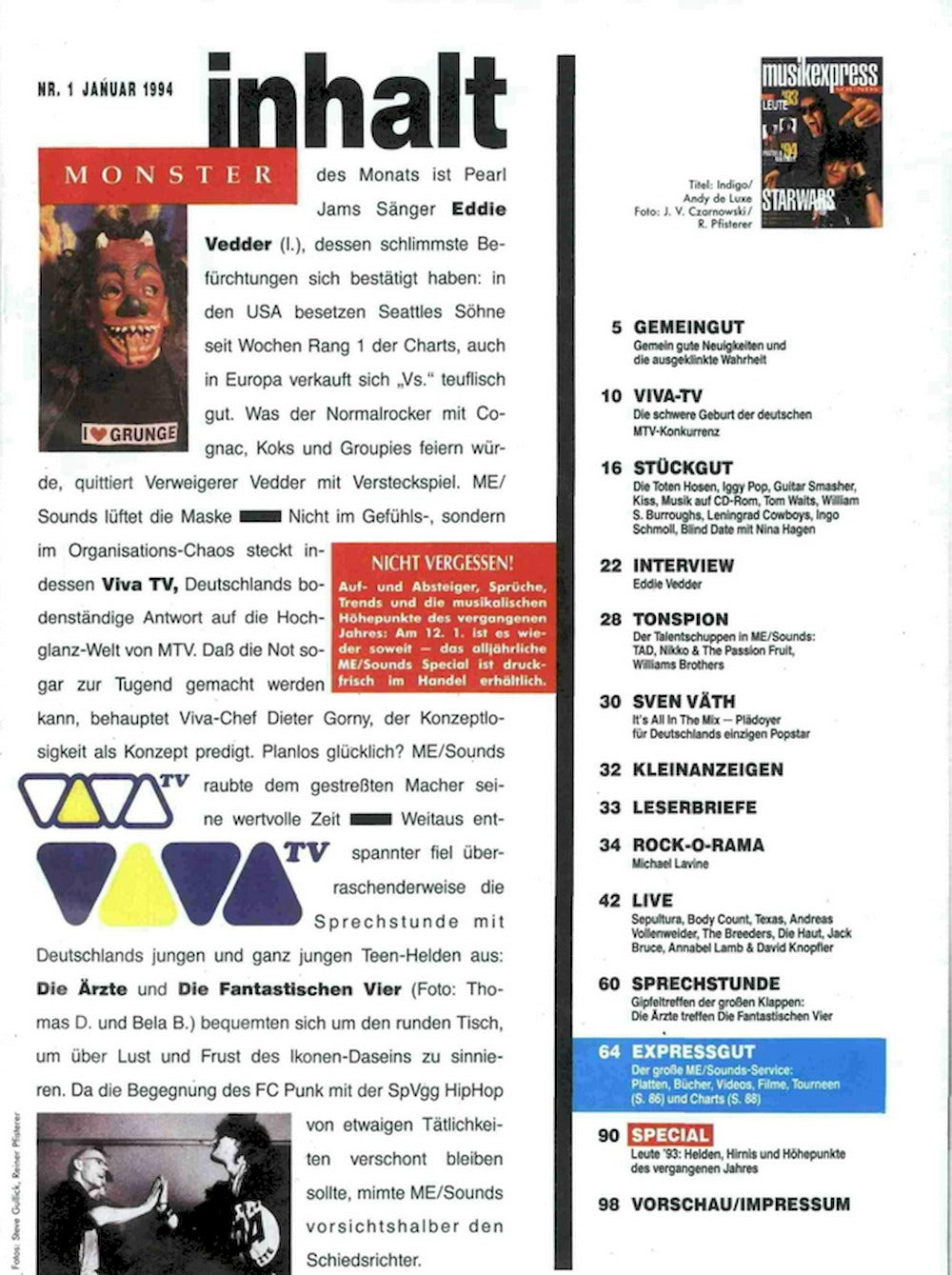 Musikexpress Magazin Deutschland 1994-01 Fanta 4 Ärzte Jimi Hendrix Eddie Vedder Pearl Jam