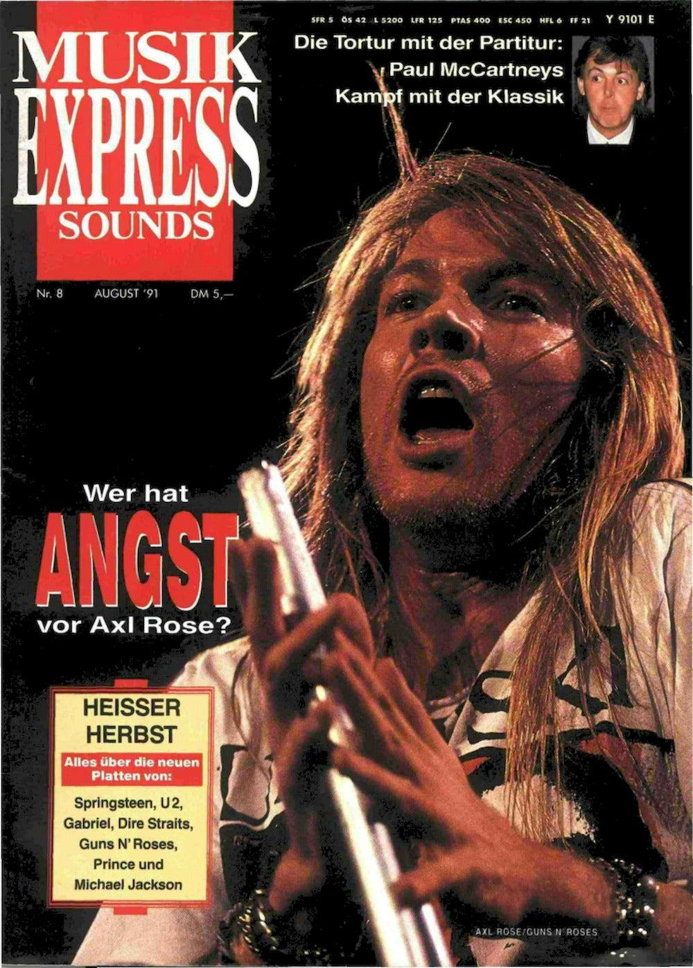 Musikexpress Magazin Deutschland 1991-08 Axl Rose Paul McCartney Springsteen U2