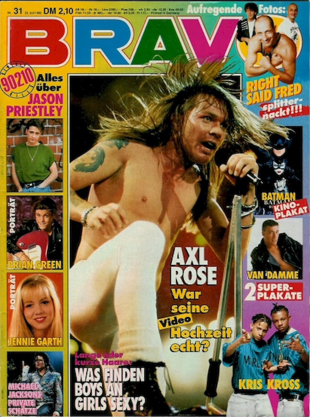 Bravo Magazin Deutschland 1992-31 Axl Rose Jean-Claude Van Damme Right Said Fred