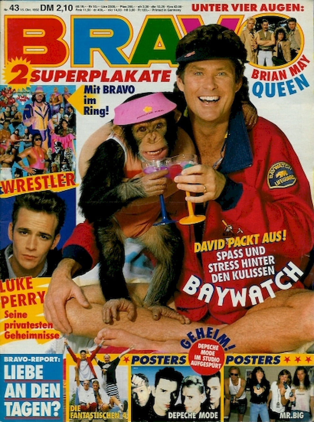 Bravo Revista Alemanha 1992-43 – David Hasselhoff Luke Perry Brian May Queen Die Fantastischen Vier – Edição original
