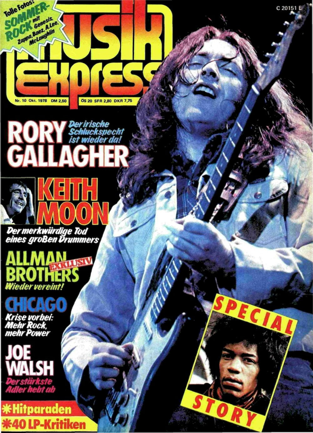 Musikexpress Magasin Tyskland 1978-10 Rory Gallagher Keith Moon Jimi Hendrix Allman Brothers Originalutgåva