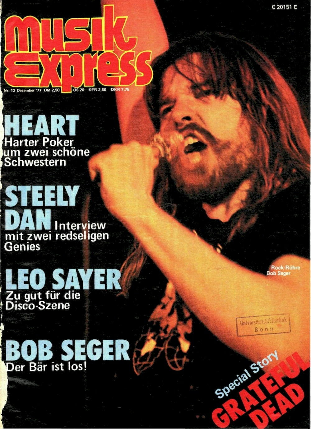 Musikexpress Lehti Saksa 1977-12 Bob Seeger Leo Sayer Heart Steely Dan Alkuperäinen painos