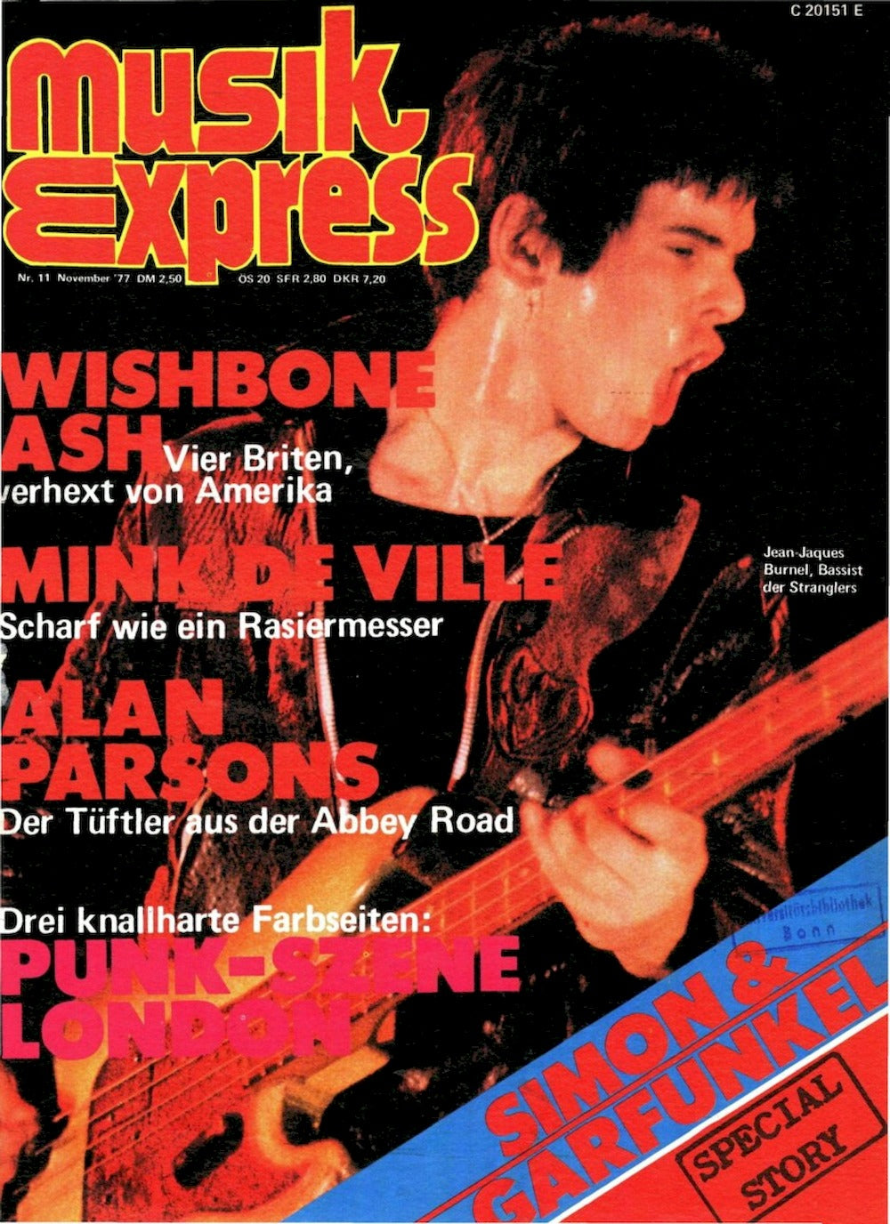Musikexpress Magasin Tyskland 1977-11 – Jean-Jacques Burnel Alan Parsons The Stranglers Wishbone Ash Mink DeVille – Originaludgave