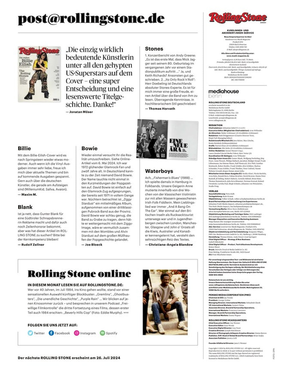 Rolling Stone Magazine Allemagne 2024-07 #357 John Lennon Talking Heads Cassandra Jenkins Griff