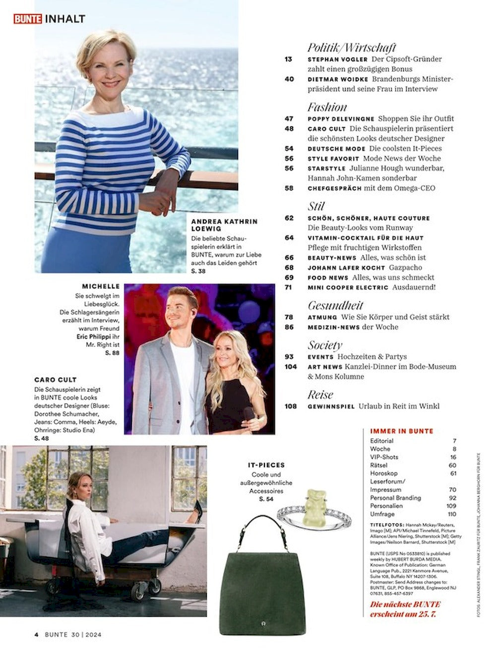 Bunte Lehti Saksa 2024-30 Kate Nagelsmann Shannen Doherty Catherine Middleton Alkuperäinen painos