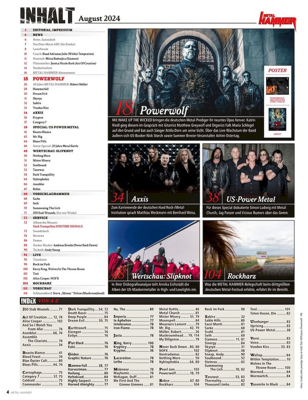 Metal Hammer Lehti Saksa 2024-08 Powerwolf Slipknot Rockharz Kerry King Alice Cooper