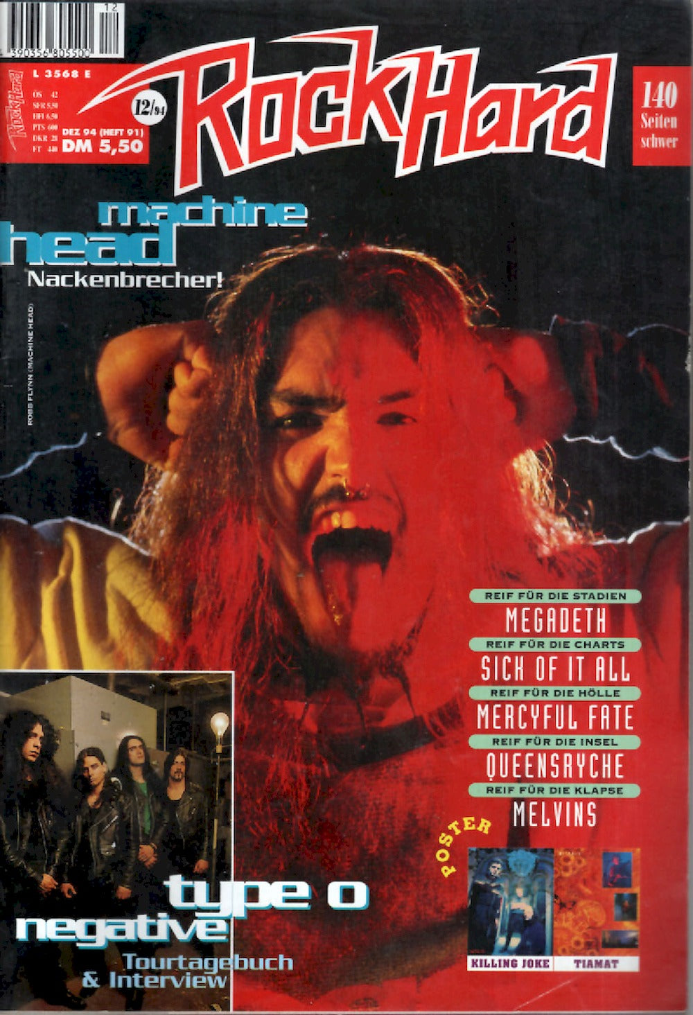 Rock Hard Magazin Deutschland 1994-12 Machine Head Type O Negative Megadeth Sick Of It All