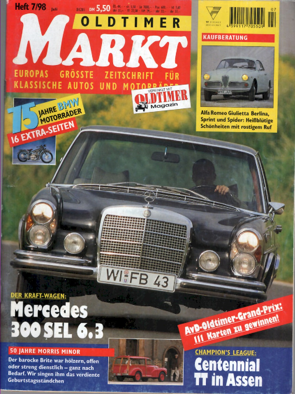 Oldtimer Markt Magazin Deutschland 1998-07 Mercedes 300 SEL 6.3 Morris Minor Giulietta Berlina