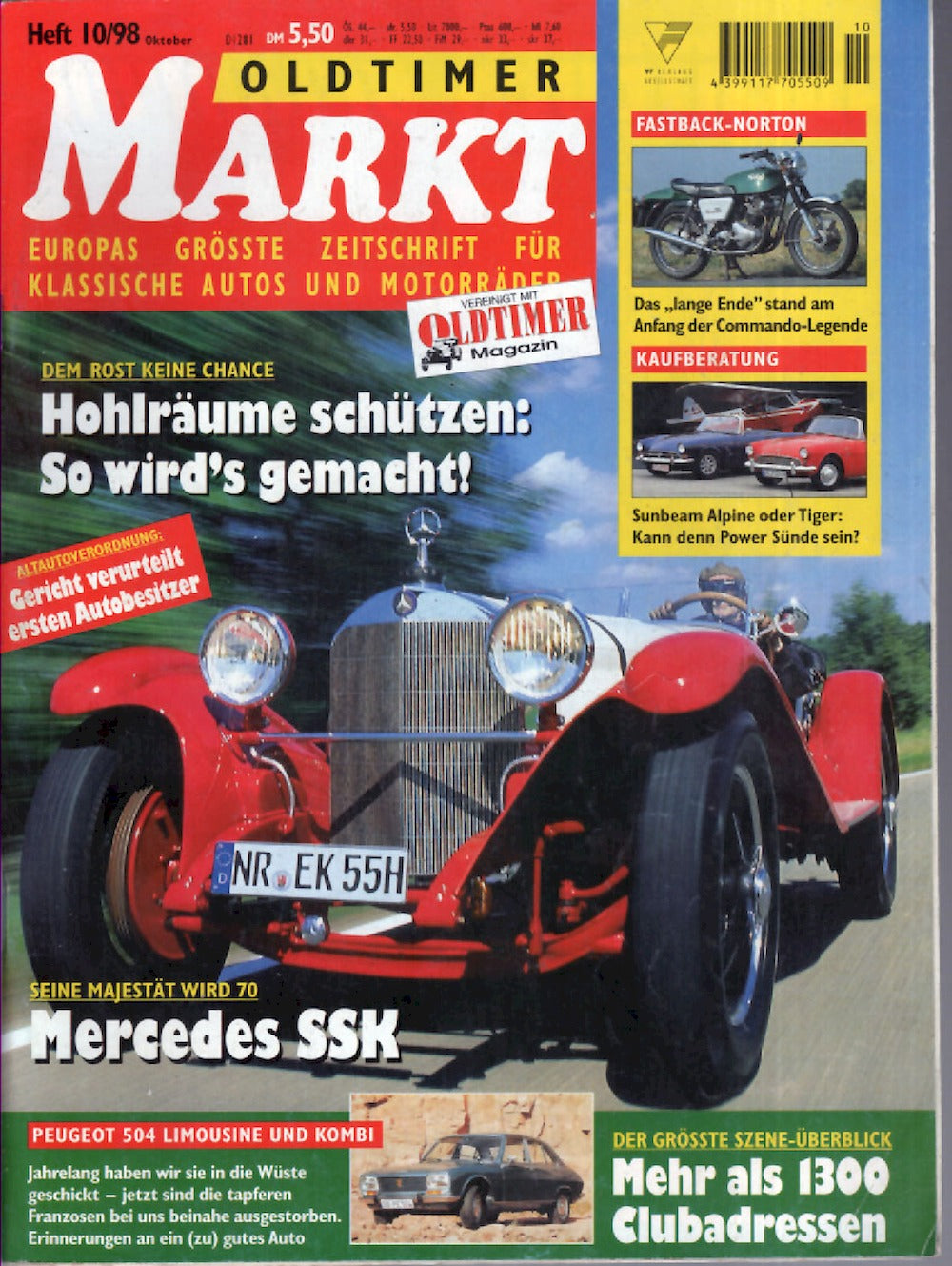 Oldtimer Markt Magazin Deutschland 1998-10 Mercedes SSK Fastback Norton Sunbeam Alpine