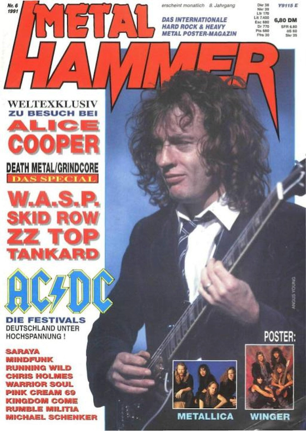 Metal Hammer Lehti Saksa 1991-06 – Angus Young Alice Cooper Metallica Winger W.A.S.P. – Alkuperäinen painos