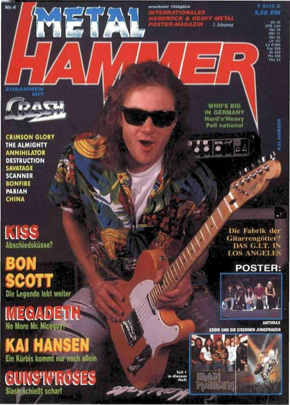 Metal Hammer Tijdschrift Duitsland 1990-04 Kai Hansen Kiss Bon Scott Megadeth Guns N Roses Originele uitgave