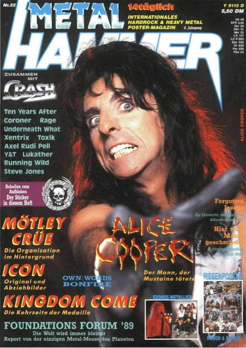 Metal Hammer Revista Alemania 1989-22 – Alice Cooper Mötley Crüe Kingdom Come Icon – Edición original