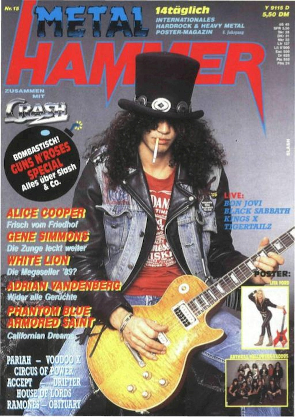 Metal Hammer Magazine Germany 1989-15 – Slash Alice Cooper Gene Simmons White Lion – Original Print Issue