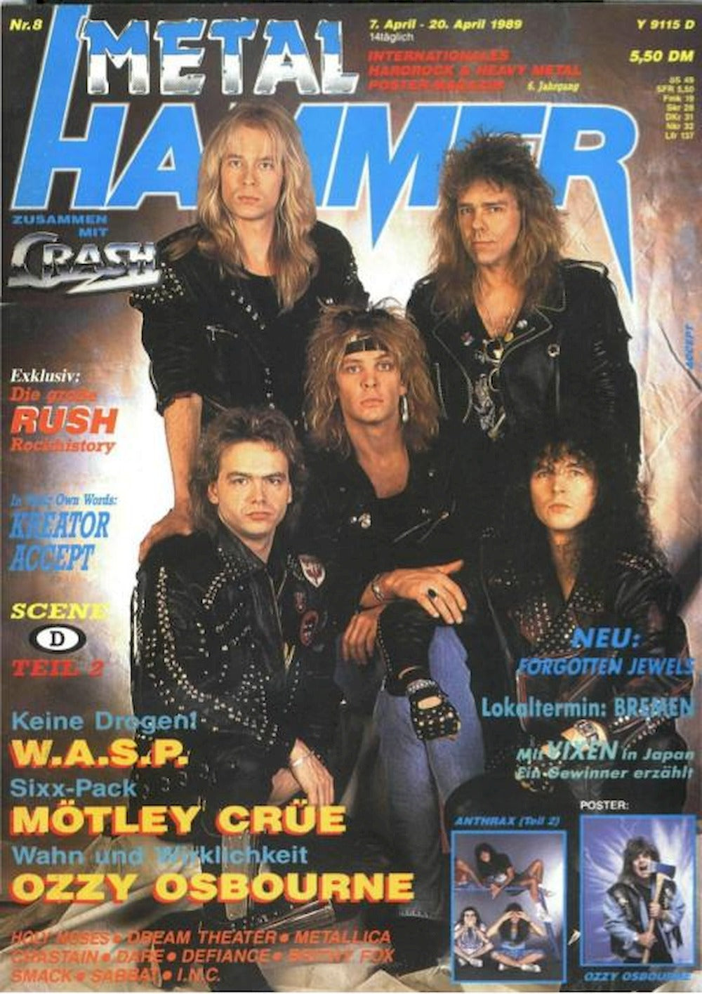Metal Hammer Magazin Deutschland 1989-08 Rush Kreator Accept WASP Mötley Crüe