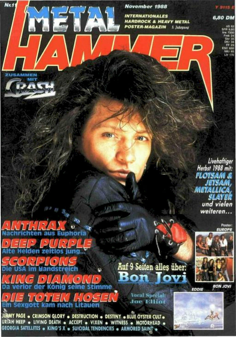 Metal Hammer Magazin Deutschland 1988-11 Bon Jovi Anthrax Deep Purple Scorpions