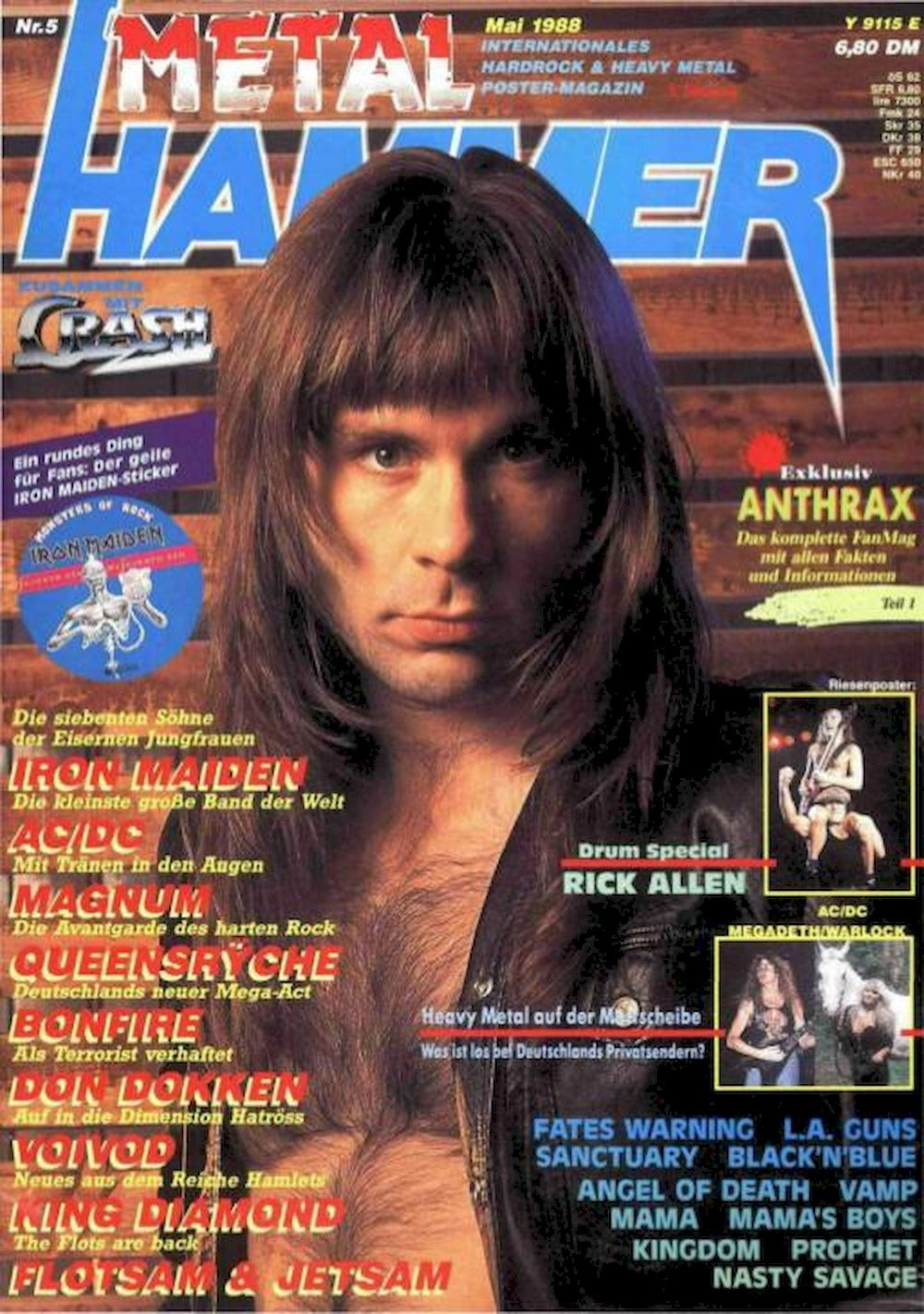 Metal Hammer Magasin Tyskland 1988-05 Anthrax Rick Allen Iron Maiden AC/DC Magnum Originalutgåva