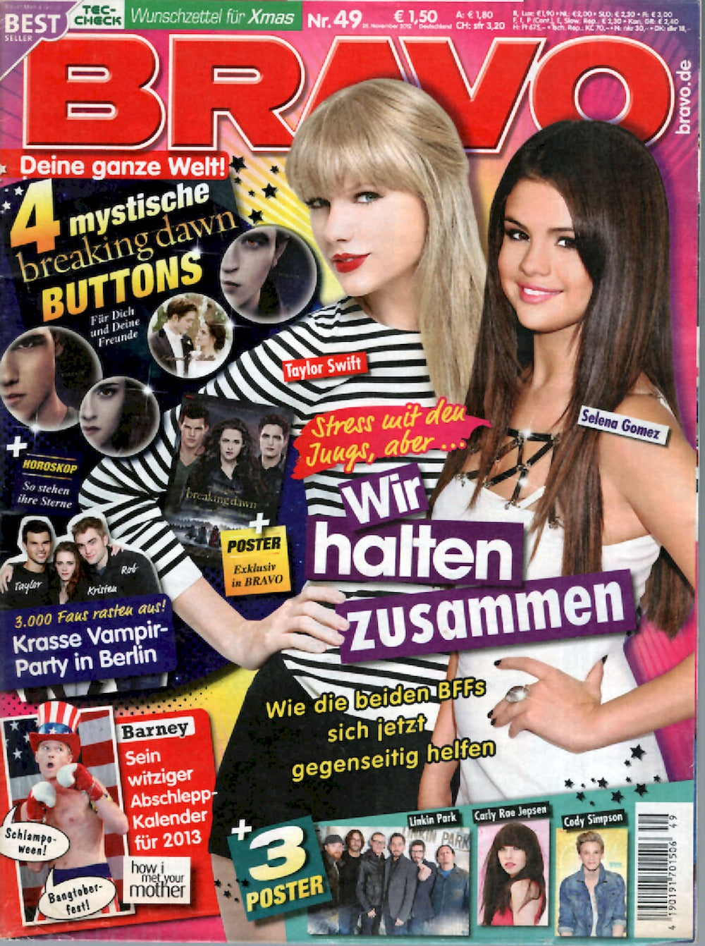 Bravo Magazin Deutschland 2012-49 Taylor Swift Selena Gomez Linkin Park Rae Jepsen Cody Simpson + Poster