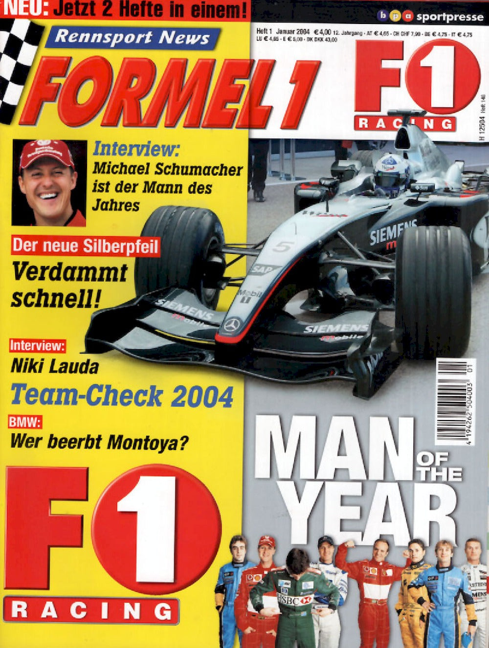 Formel 1 F1 Racing Lehti Saksa 2004-01 Michael Schumacher Niki Lauda Montoya Alkuperäinen painos