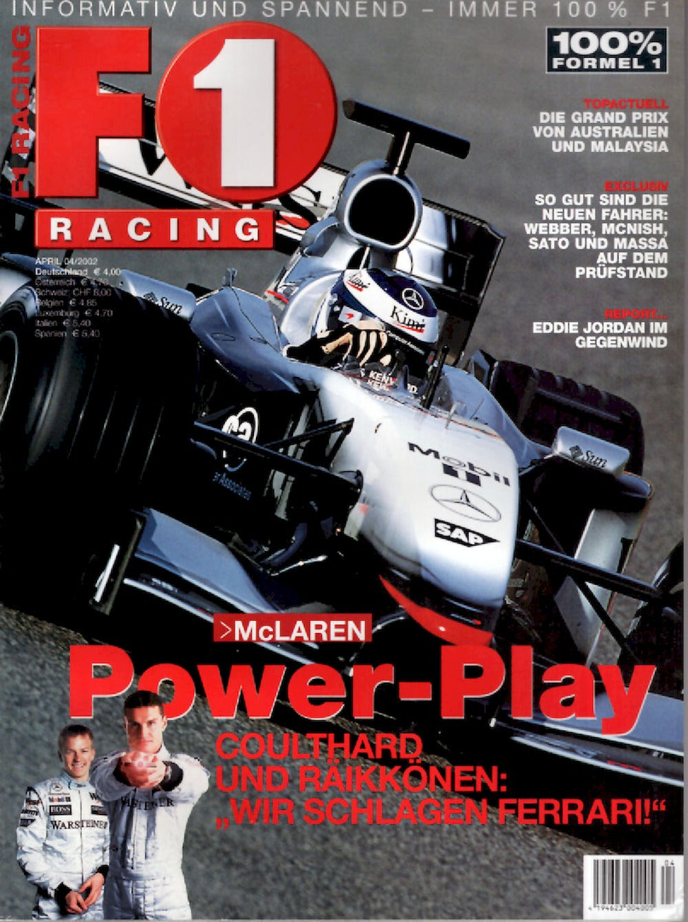 Formel 1 F1 Racing Magazine Allemagne 2002-04 Coulthard Raikkönen Eddie Jordan Kimi Räikkönen Édition originale