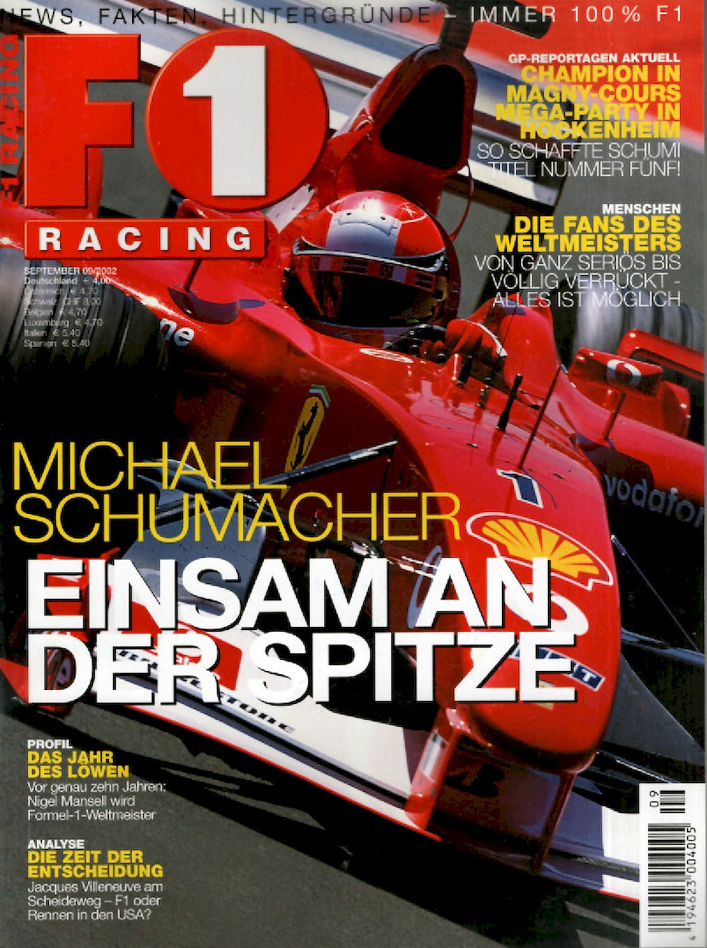 Formel 1 F1 Racing Magazin Deutschland 2002-09 Michael Schumacher Nigel Mansell Jacques Villeneuve