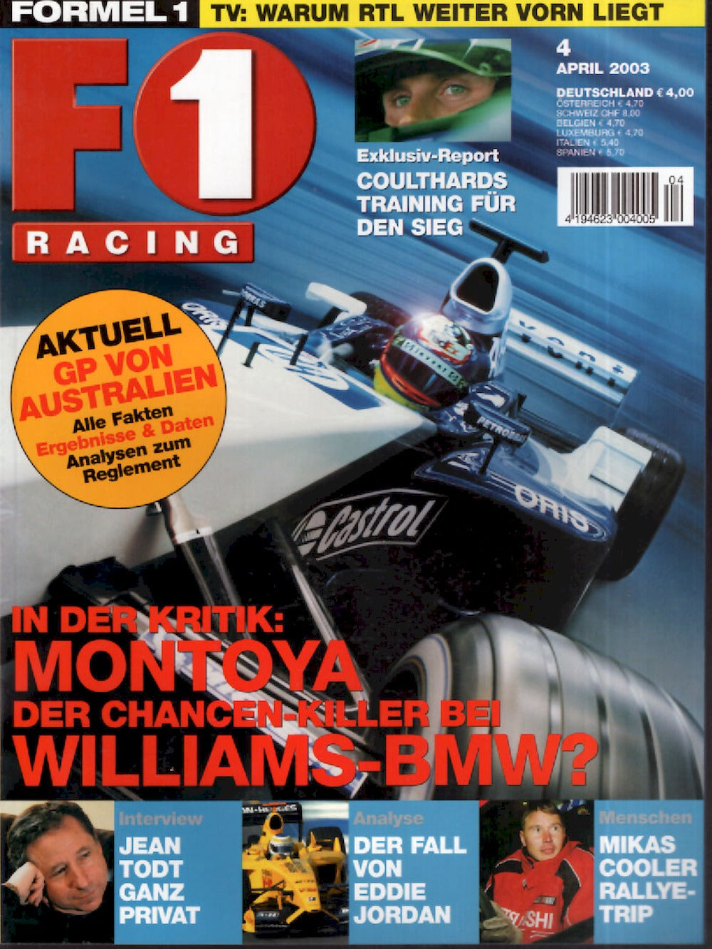 Formel 1 F1 Racing Magazin Deutschland 2003-04 Montoya Coulthard Jean Todz Eddie Jordan