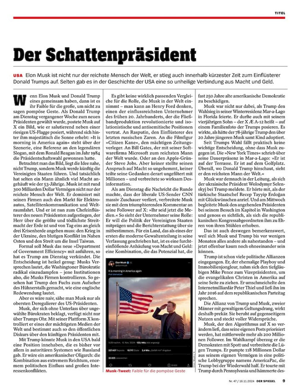 Der Spiegel Magazin Deutschland 2024-47 Duo Infernale Trump Musk