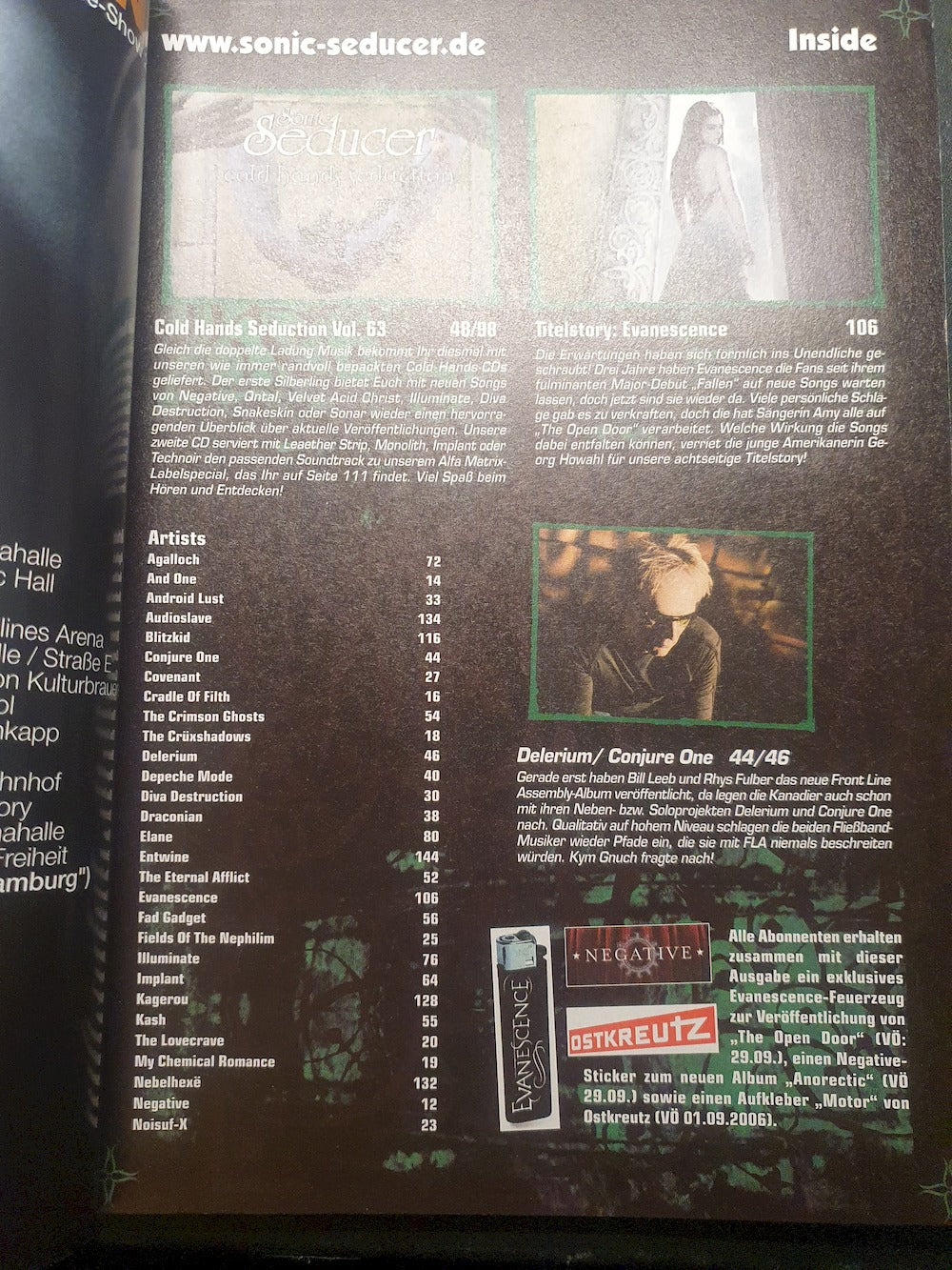 Sonic Seducer Magazin Deutschland 2006-10 Evanescence Depeche Mode Conjure One