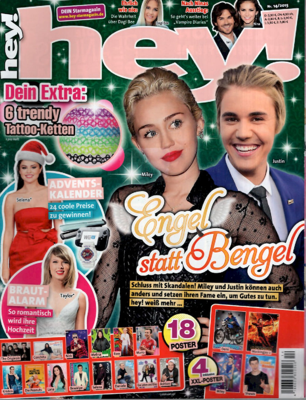 Hey Tijdschrift Duitsland 2015-14 – Miley Cyrus Shawn Mendes Selena Gomez Kristen Stewart – Originele uitgave + Poster