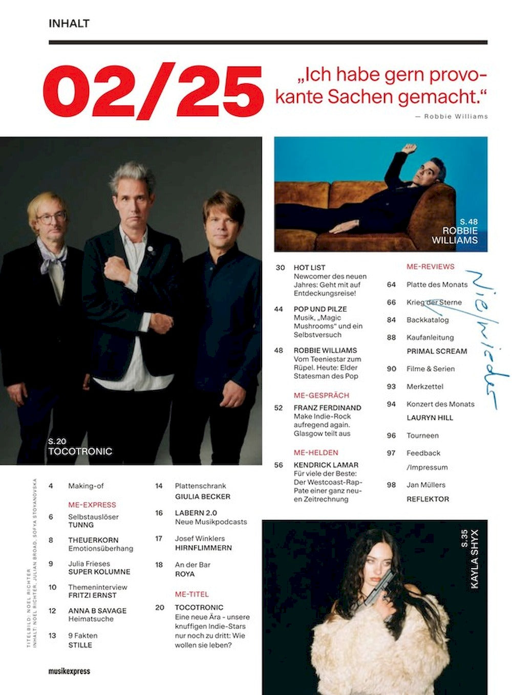Musikexpress Magazin Deutschland 2025-02 Tocotronic Kendrick Lamar Kayla Shyx Robbie Williams