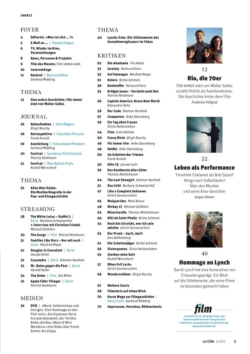 EPD Film Magazin Deutschland 2025-03 Timothee Chalamet Bob Dylan David Lynch
