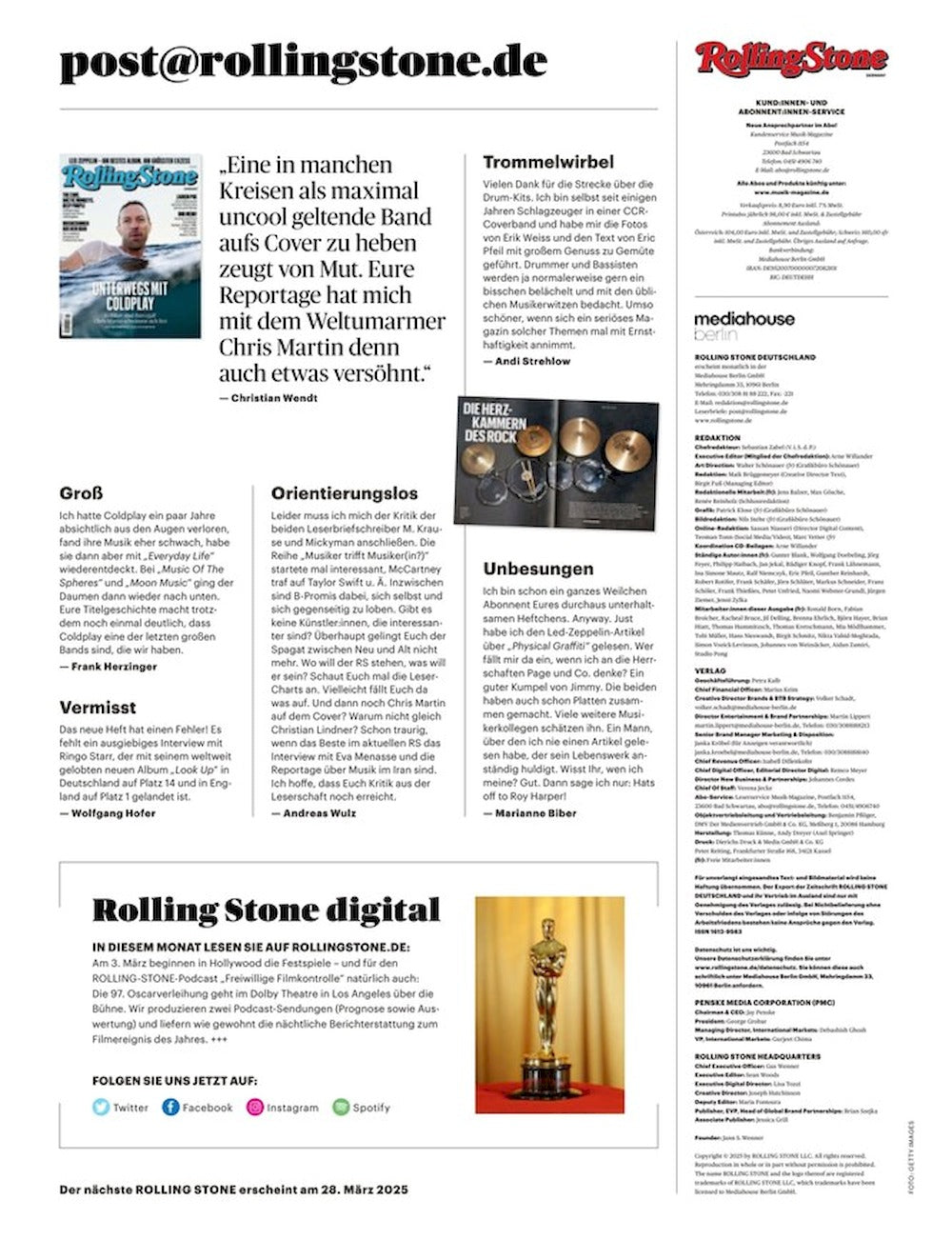 Rolling Stone Magazin Deutschland 2025-03 Timothee Chalamet Bob Dylan Roland Kaiser Marshall Allen #365