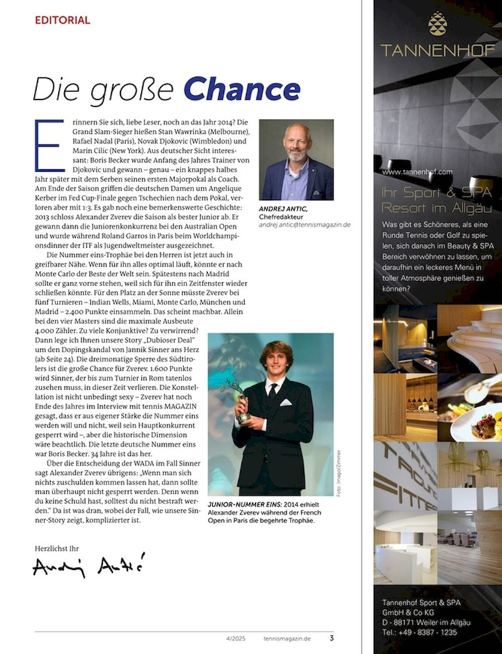 Tennis Tijdschrift Duitsland 2025-04 – Ben Shelton Jannik Sinner Dominic Thiem – Originele uitgave