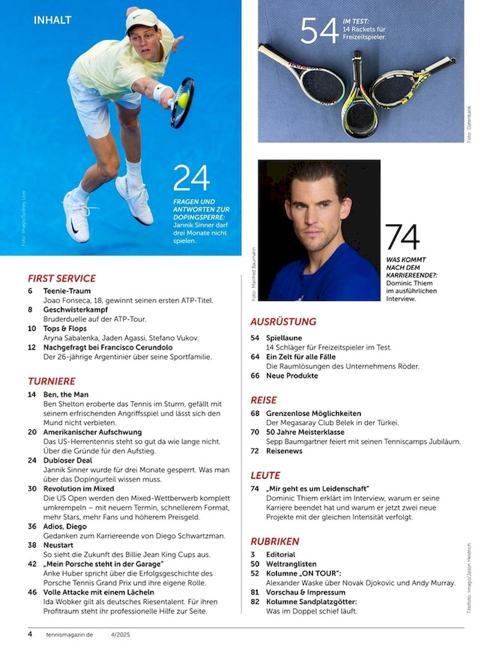 Tennis Tijdschrift Duitsland 2025-04 – Ben Shelton Jannik Sinner Dominic Thiem – Originele uitgave