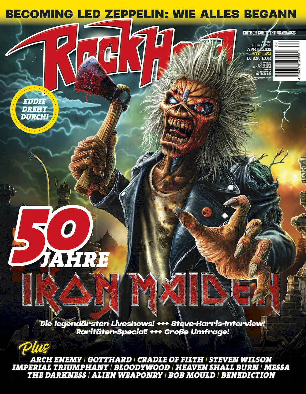 Rock Hard Lehti Saksa 2025-04 – Arch Enemy Gotthard Iron Maiden Led Zeppelin Eddie The Head – Alkuperäinen painos