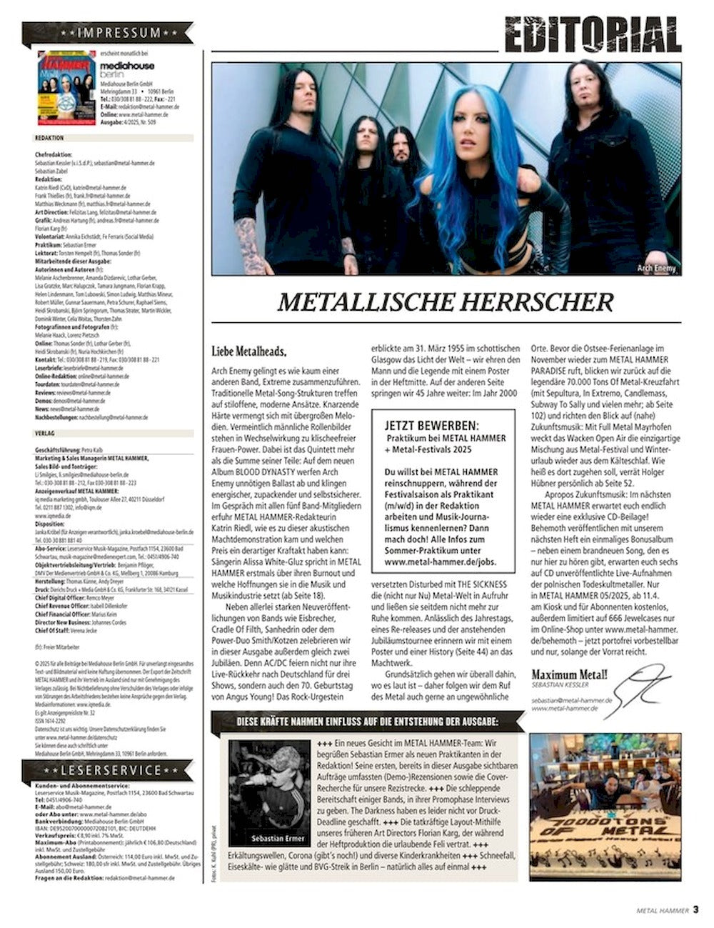 Metal Hammer Magazine Germany 2025-04 Arch Enemy Eisbrecher + CD + Poster Angus Young