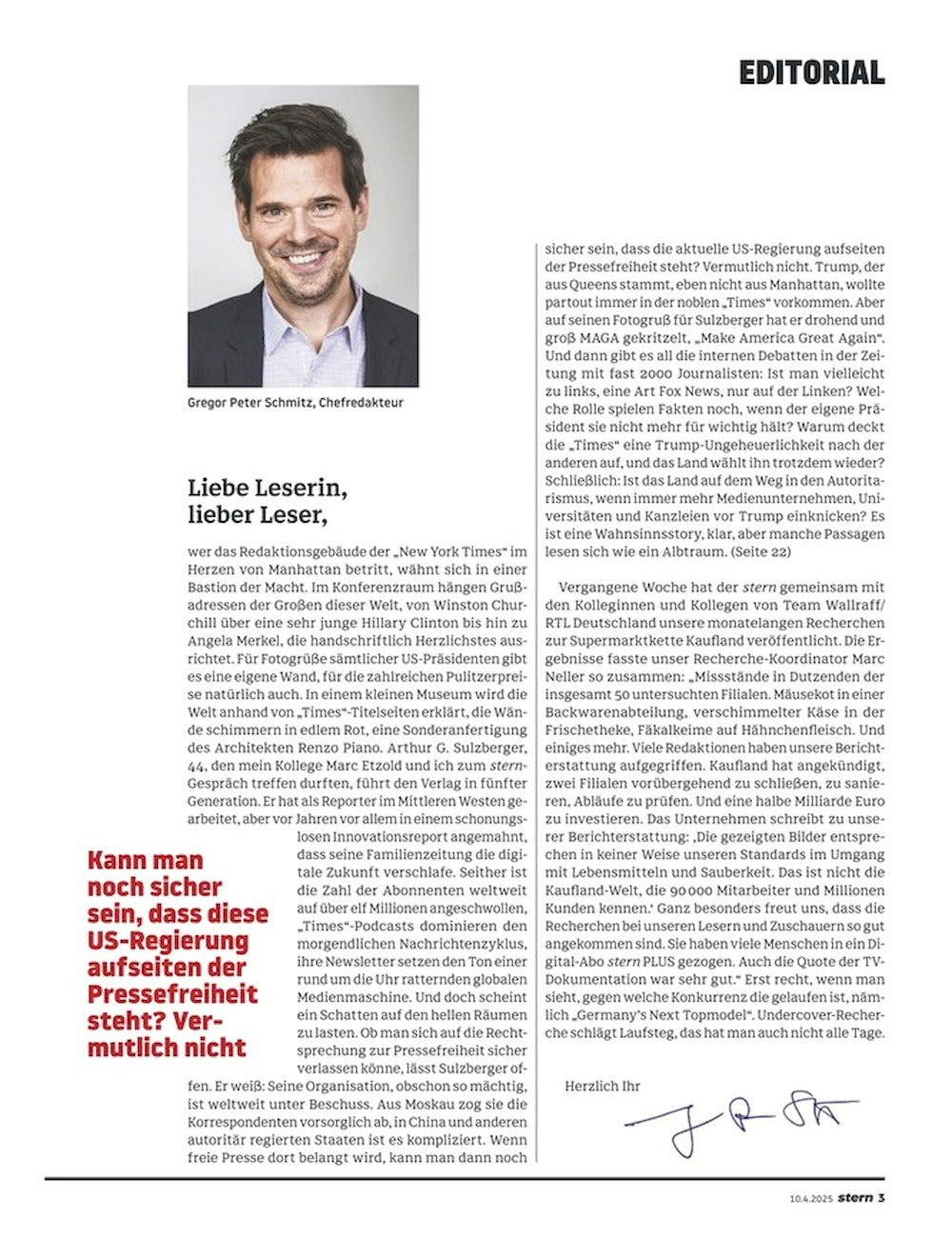 Stern Magazin Deutschland 2025-16 Arthur Gregg Sulzberger Donald Trump