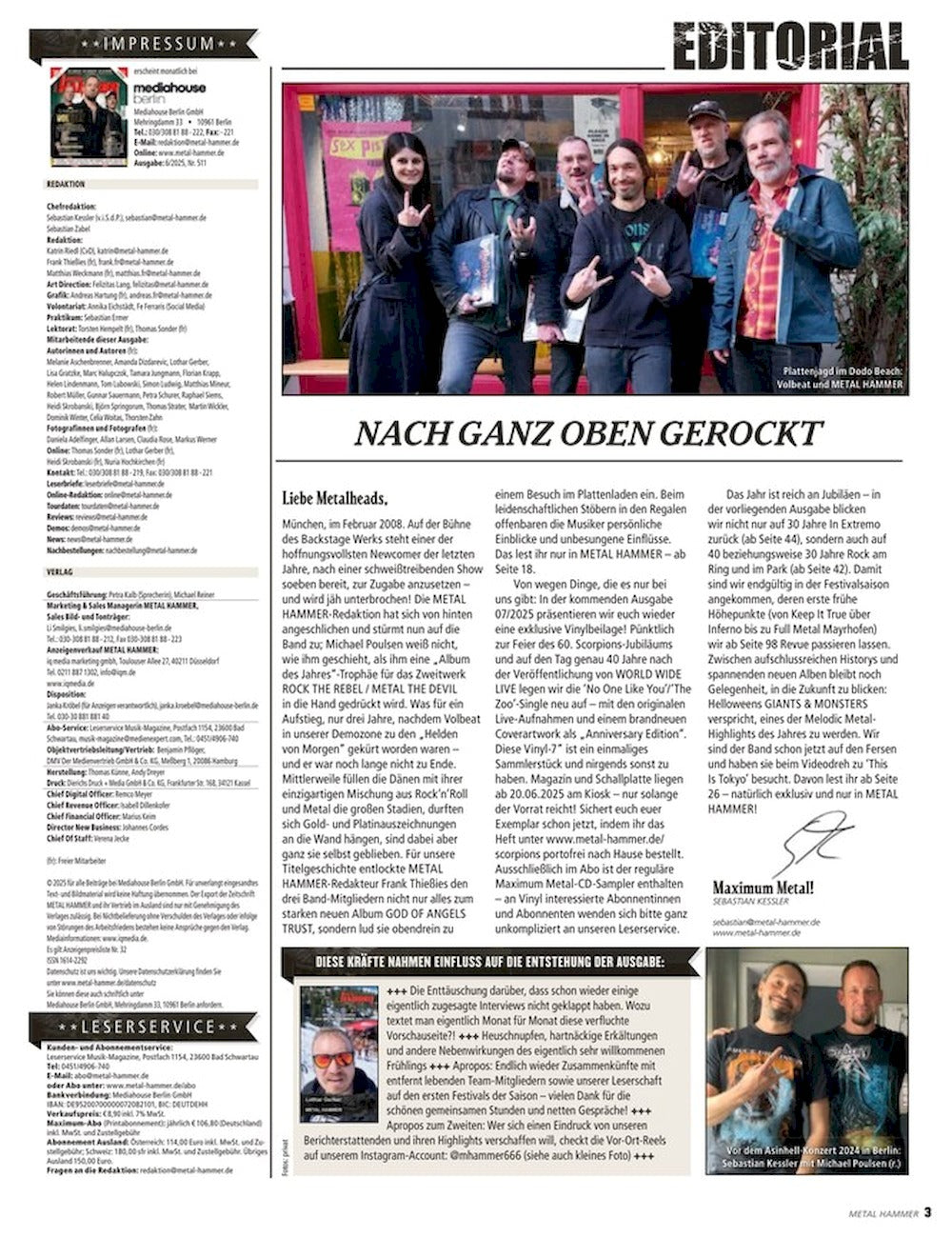 Metal Hammer Magazine Allemagne 2025-06 – Volbeat Metal Church Ghost Godsmack Michael Poulsen – Édition originale