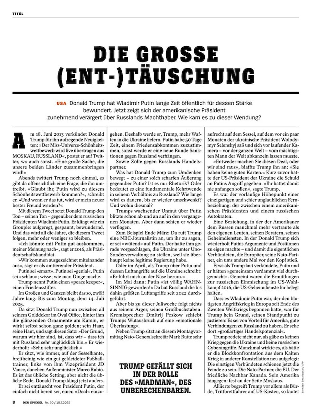 Der Spiegel Magazin Deutschland 2025-30 Donald Trump Putin